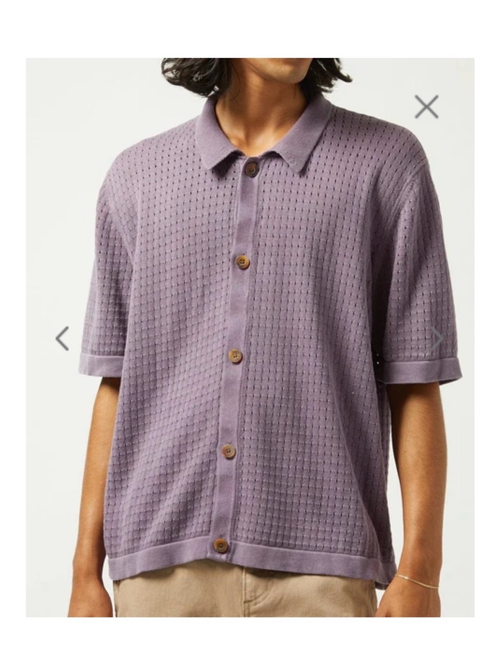 Corridor Pointelle Knit Button-Front- Short Sleeve- Medium, Purple